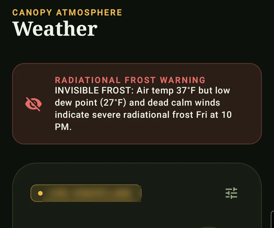 The weather screen warning of an invisible radiational frost from a low dew point and calm winds